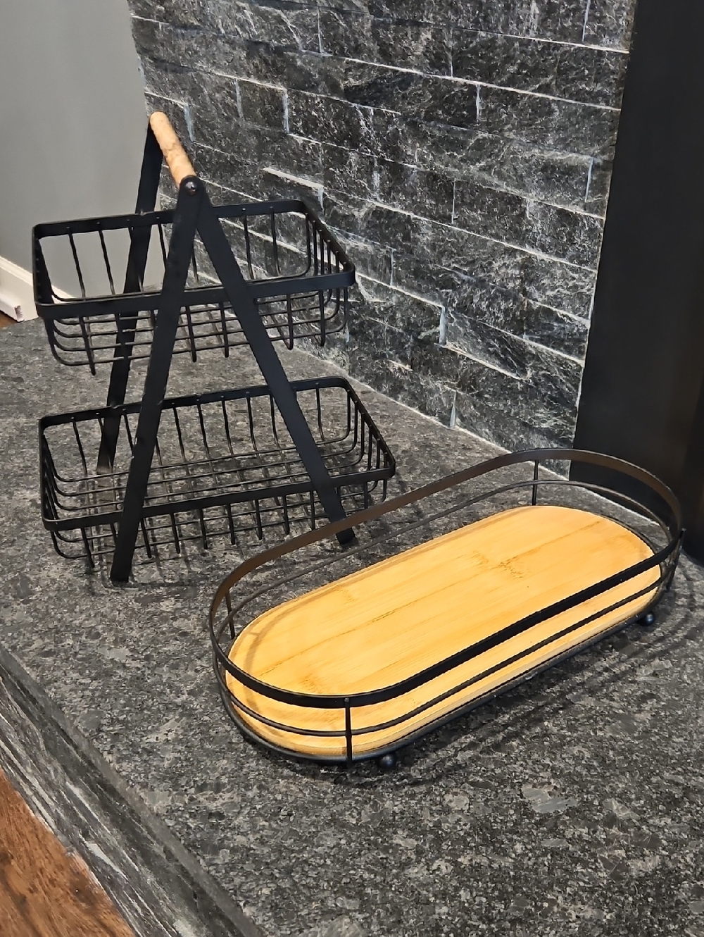 2 Piece Black & Wood Kitchen Tray Set: Two-Tier Basket And Oval Tray